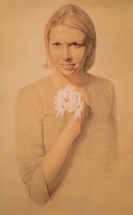© 2012 Aron Hart, Portrait of Chandler with Jasmine, 3-Color Chalk on Toned Paper, 19 x 30 in.