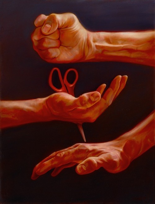 © 2010 Aron Hart, Rock, Scissors, Paper, Oil on Canvas, 18 x 24 inches.