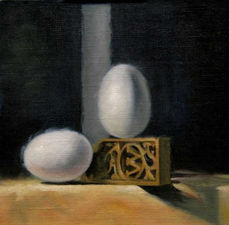 © 2011 Aron Hart, Square Eggs, Oil on Linen mounted to board, 8 x 8 inches.