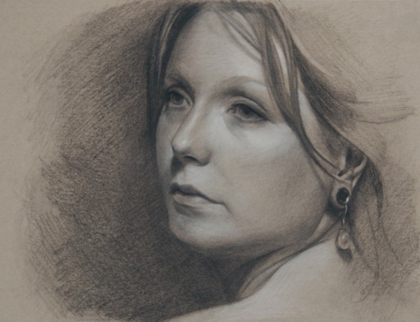 © 2013 Aron Hart, Portrait of Crystal, charcoal and white chalk on toned paper