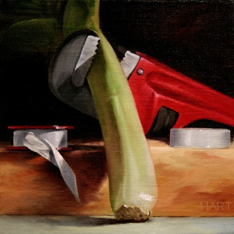 © 2011 Aron Hart, How To Fix A Leek, Oil on Linen mounted to board, 8 x 8 inches.